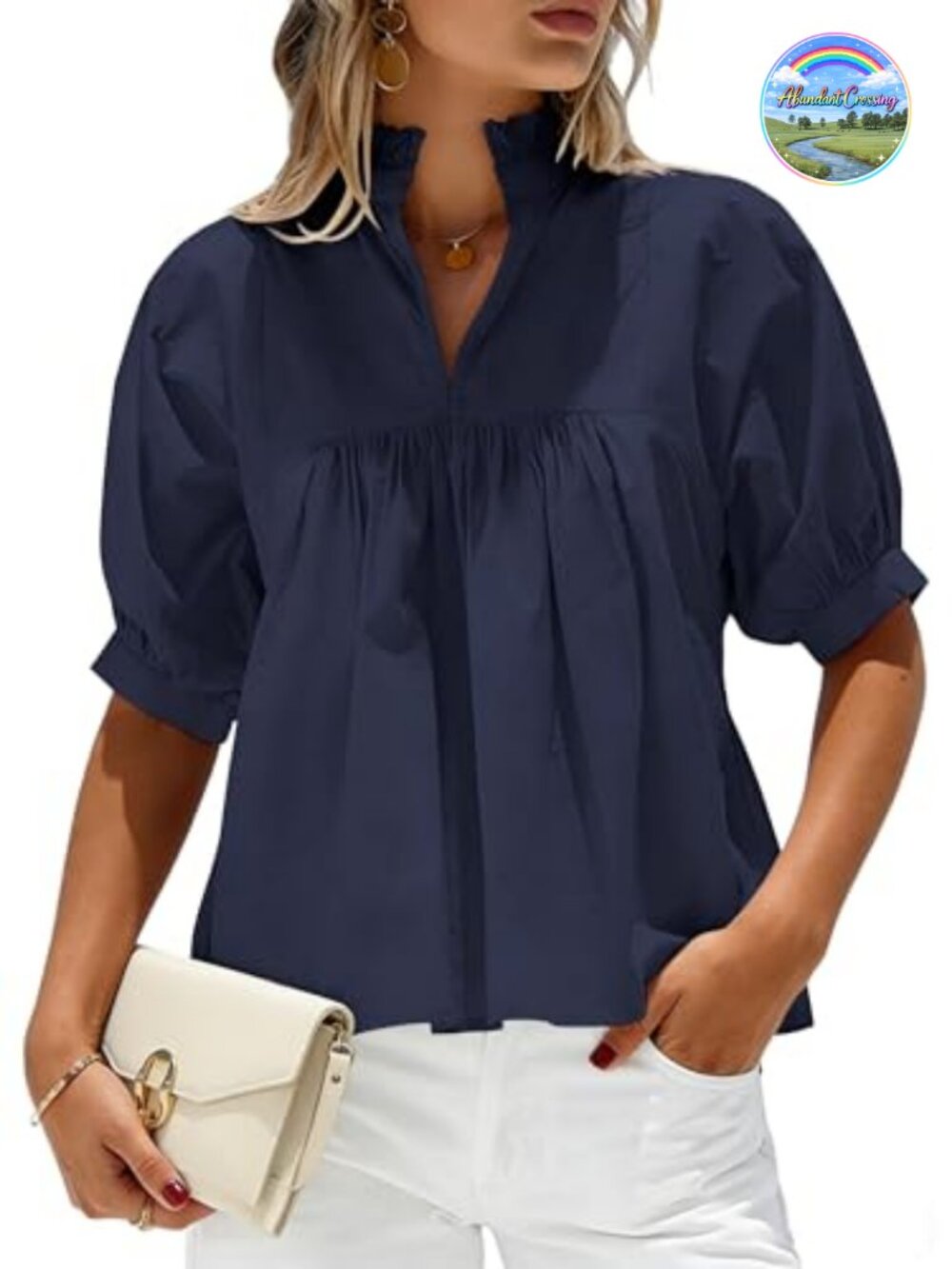 SimpleFun Babydoll Peplum Blouse Ruffle V Neck Puff Sleeve Top for Women